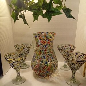 Mexican Glass Confetti Pebble Pitcher and Drink Set